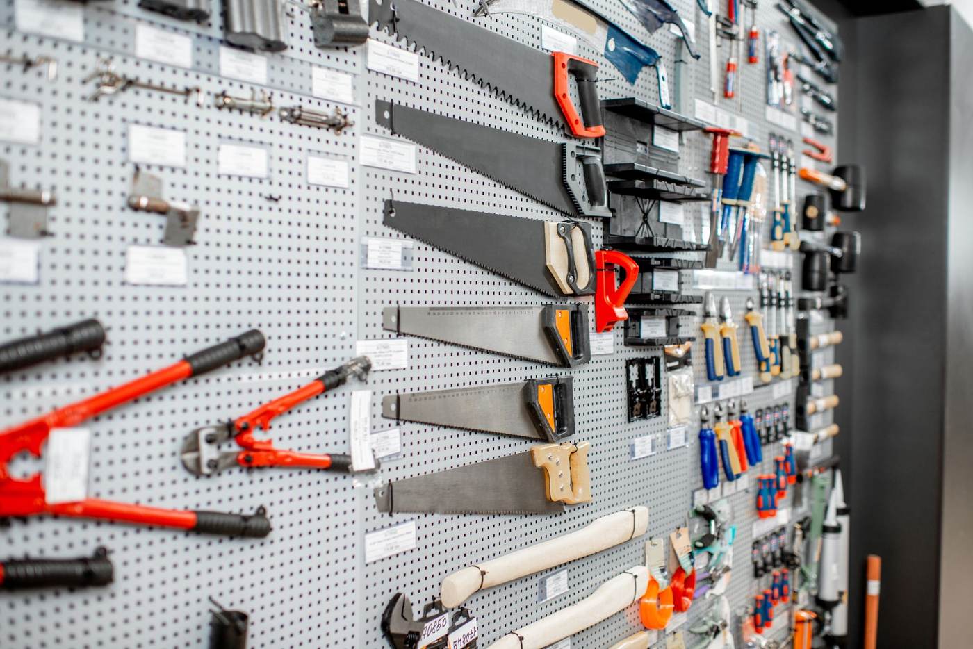 Organised hardware and hand tool display inside Teck Meng's store